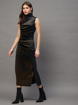 Women's Black Sleeveless Bodycon Midi Party Wear Dress with High Neck