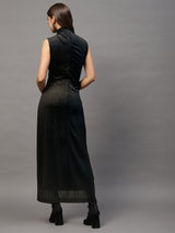 Women's Black Sleeveless Bodycon Midi Party Wear Dress with High Neck