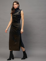 Women's Black Sleeveless Bodycon Midi Party Wear Dress with High Neck