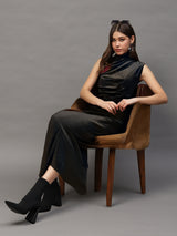 Women's Black Sleeveless Bodycon Midi Party Wear Dress with High Neck