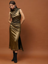 Women's Golden Shimmer Sleeveless Bodycon Midi Party Wear Dress with High Neck
