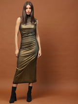 Women's Golden Shimmer Sleeveless Bodycon Midi Party Wear Dress with High Neck