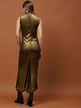 Women's Golden Shimmer Sleeveless Bodycon Midi Party Wear Dress with High Neck