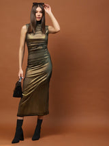 Women's Golden Shimmer Sleeveless Bodycon Midi Party Wear Dress with High Neck