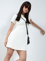 Women's White Solid Ecru Mini Fit and Flare Dress