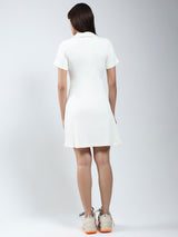 Women's White Solid Ecru Mini Fit and Flare Dress