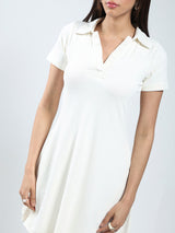 Women's White Solid Ecru Mini Fit and Flare Dress