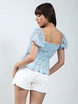 Women's Blue Floral Regular Short Sleeves Square Neck Top