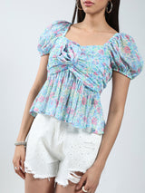 Women's Blue Floral Regular Short Sleeves Square Neck Top