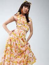 Women's Yellow Printed Top and Skirt