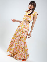 Women's Yellow Printed Top and Skirt
