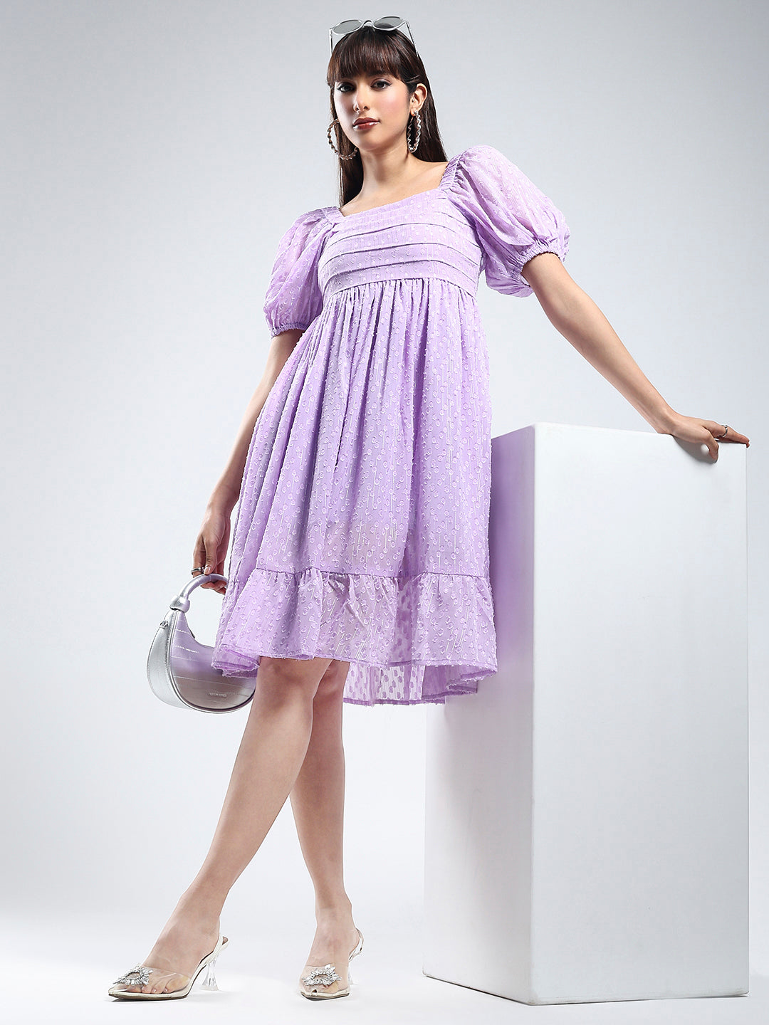 Women's Purple Solid Fit and Flare Mini Dress