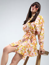 Women's Yellow Mini Wrap Fit and Flare Dress