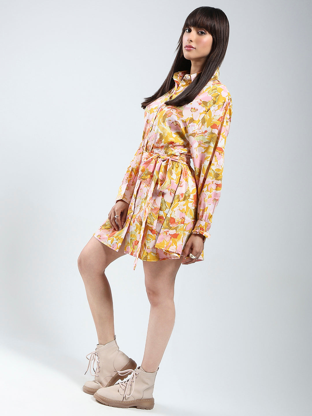 Women's Yellow Mini Wrap Fit and Flare Dress