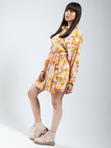 Women's Yellow Mini Wrap Fit and Flare Dress