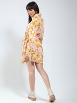 Women's Yellow Mini Wrap Fit and Flare Dress