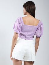 Women's Purple Self Design Short Sleeve Regular Top
