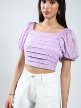 Women's Purple Self Design Short Sleeve Regular Top