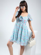 Women's Floral Blue Mini Fit and Flare Dress