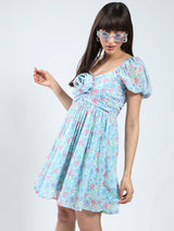 Women's Floral Blue Mini Fit and Flare Dress