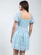Women's Floral Blue Mini Fit and Flare Dress