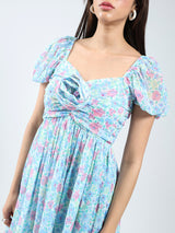 Women's Floral Blue Mini Fit and Flare Dress