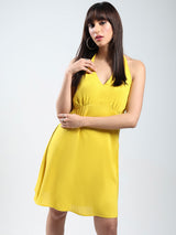 Women's Solid Yellow Fit and Flare Mini Dress
