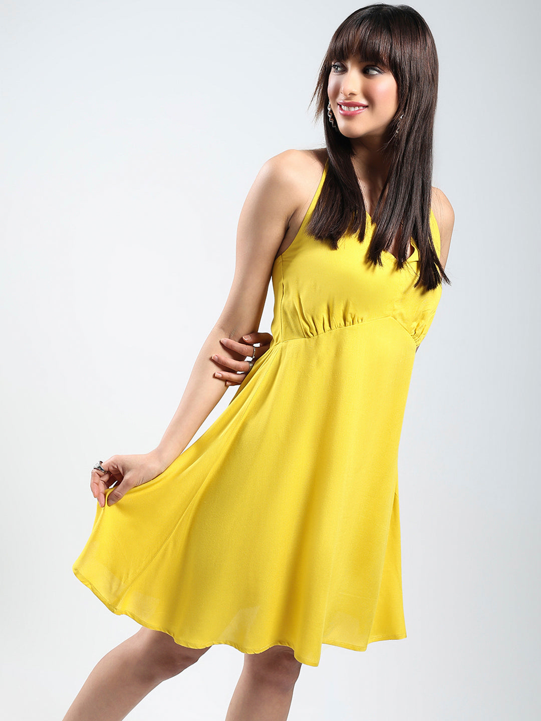 Women's Solid Yellow Fit and Flare Mini Dress