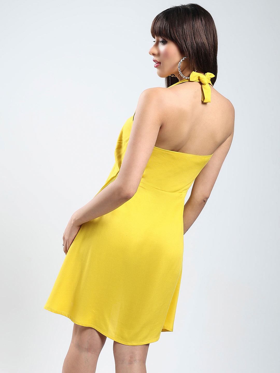 Women's Solid Yellow Fit and Flare Mini Dress