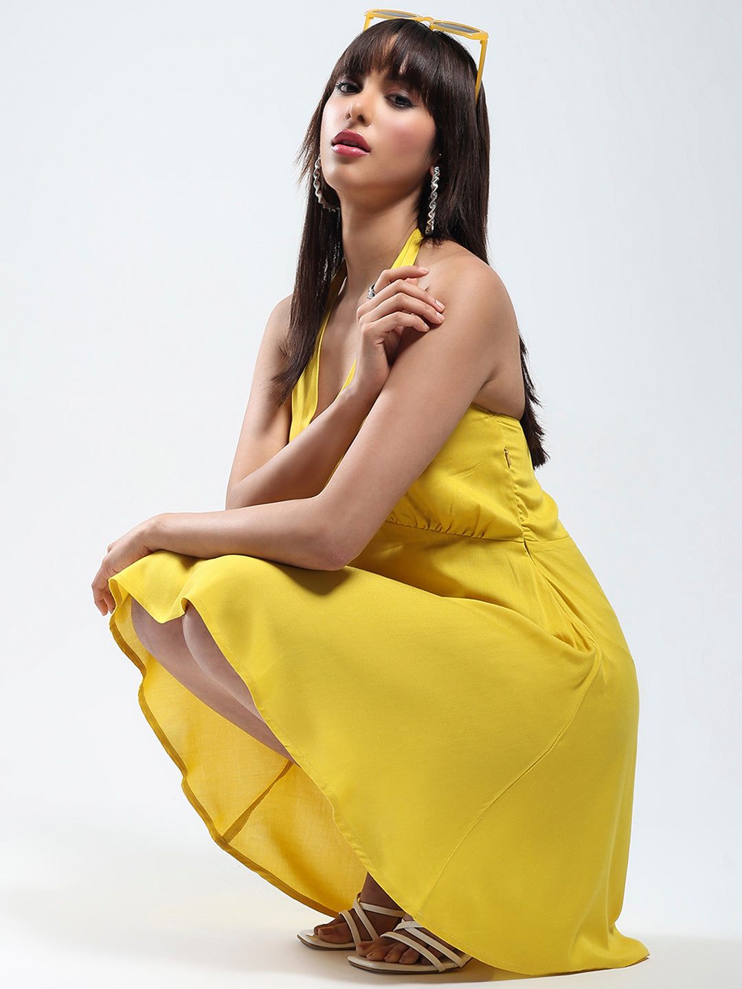Women's Solid Yellow Fit and Flare Mini Dress