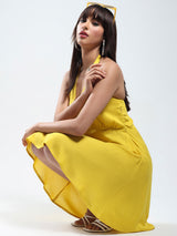 Women's Solid Yellow Fit and Flare Mini Dress