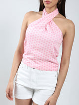 Women's Pink Floral Printed Babypink Halter Top