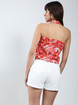 Women's Pink Floral Printed Pink Halter Top