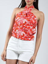 Women's Pink Floral Printed Pink Halter Top