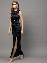 Women's Black Velvet Bodycon Maxi Party Wear Dress with Ruched Detailing & Side Slit