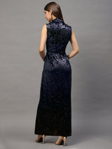 Women's Black Velvet Bodycon Maxi Party Wear Dress with Ruched Detailing & Side Slit