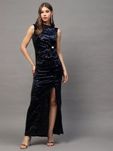 Women's Black Velvet Bodycon Maxi Party Wear Dress with Ruched Detailing & Side Slit