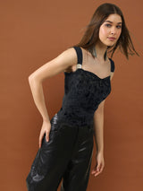 Women's Black Velvet Sleeveless Party Top with Stylish Strap Detailing - Trendy Evening Wear