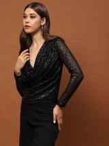 Women's Black Sequin Stylish V-Neck Party Wear Long Sleeve Shimmer Top