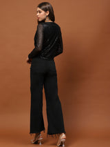 Women's Black Sequin Stylish V-Neck Party Wear Long Sleeve Shimmer Top