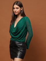 Women's Green Sequin Stylish V-Neck Party Wear Long Sleeve Shimmer Top