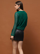 Women's Green Sequin Stylish V-Neck Party Wear Long Sleeve Shimmer Top
