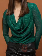Women's Green Sequin Stylish V-Neck Party Wear Long Sleeve Shimmer Top