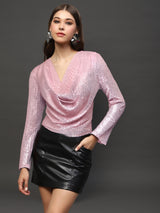 Women's Pink Sequin Stylish V-Neck Party Wear Long Sleeve Shimmer Top