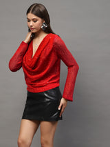 Women's Red Sequin Draped Back Long Sleeve Sparkly Evening Wear Party Top