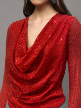 Women's Red Sequin Draped Back Long Sleeve Sparkly Evening Wear Party Top
