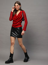 Women's Red Sequin Draped Back Long Sleeve Sparkly Evening Wear Party Top