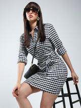 Women's Black and White Rayon Lycra Checks Mini Shirt Collar Dress