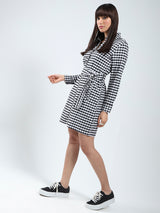 Women's Black and White Rayon Lycra Checks Mini Shirt Collar Dress