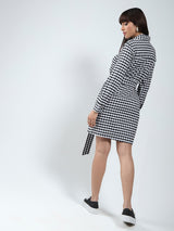 Women's Black and White Rayon Lycra Checks Mini Shirt Collar Dress